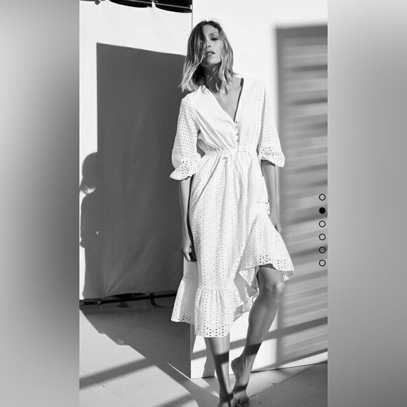 ZARA CUTWORK EMBROIDERY WHITE V-NECK MIDI DRESS - Picture 2 of 8